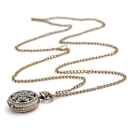 Mode Vintage Rétro Bronze Quartz Montre Poche Chaîne Pendentif Collier (Lotus)