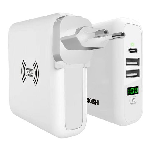Chargeur Secteur Adaptateur De Voyage 3-En-1 Powerbank Et Charge Qi Akashi Blanc