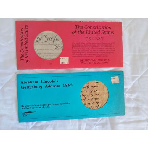 2 Reproductions Historique En Anglais La Constitution Des États Unis Et Lettre D'Abraham Lincoln
