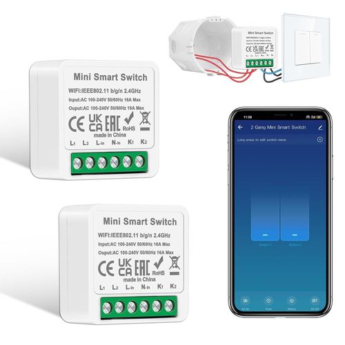 Lot de 2 modules d'interrupteur intelligents - 2 voies - 1 voie - Mini interrupteur Wi-Fi DIY - S'adapte derrière un interrupteur mural - Compatible avec Alexa Echo, Google Home, Smart Life,