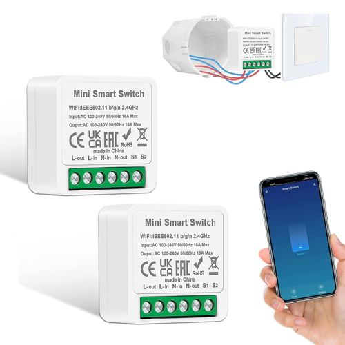 Lot de 2 modules d'interrupteur intelligents 1 voie/2 voies - Mini interrupteur Wi-Fi DIY - S'adapte derrière un interrupteur mural - Compatible avec Alexa Echo, Google Home, Smart Life,