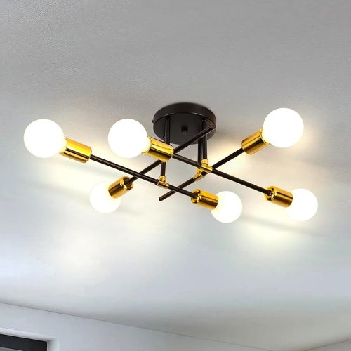 Lustres Industriel Moderne En Métal, Plafonnier Sputnik Avec Base E27 Pour Le Salon, La Cuisine, La Chambre Et Le Couloir.(6 Lumières Noir + Bronze)