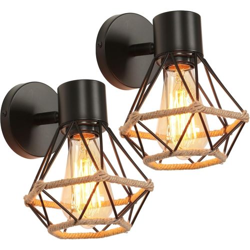 2 Packs Appliques Murales Industrielles Vintage Plafonnier Luminaire Interieur en Métal et Chanvre Corde Lampe Murale 160mm Rétro Réglable Design pour Cuisine Salon Chambre (applique-2pcs)