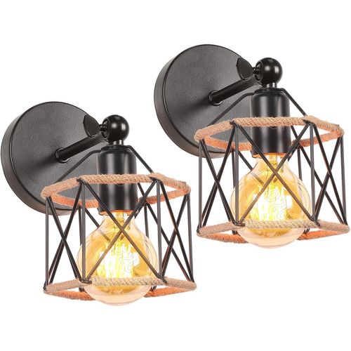 2 Packs Appliques Murales Industrielles Vintages Plafonniers Luminaires Interieur en Métal et Chanvre Corde Lampe Murale Rétro Réglable Design pour Cuisine Salon Chambre (Hexagonal-A-2)