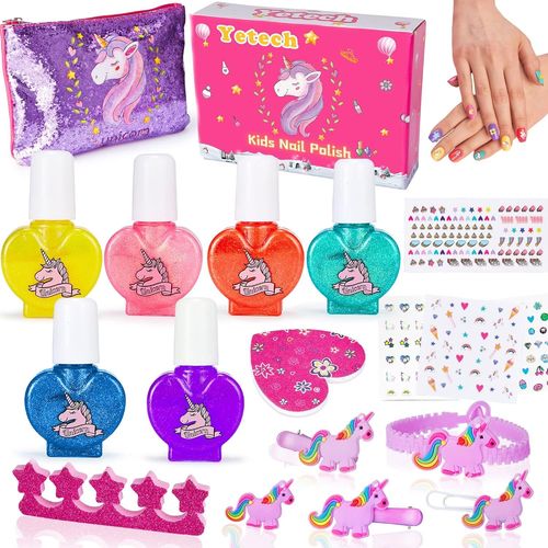 18pcs Vernis À Ongles Enfant Set,Kit De Salon De Manucure Fille Avec Épingle À Cheveux Licorne,Maquillage Enfant Jouet,Nail Art Jouet Cadeau Pour Princesse Filles 3 4 5 6 7 8 