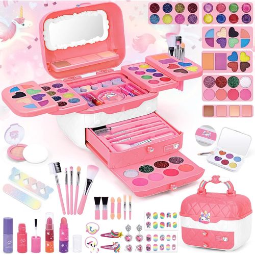 Maquillage Enfant Fille, Ensemble De Malette Maquillage Fille 73 Pièces Lavable Coffret Maquillage Enfant Avec Miroir De Maquillage, Autocollant Pour Ongles Et Rouge À Lèvres (Rose) 
