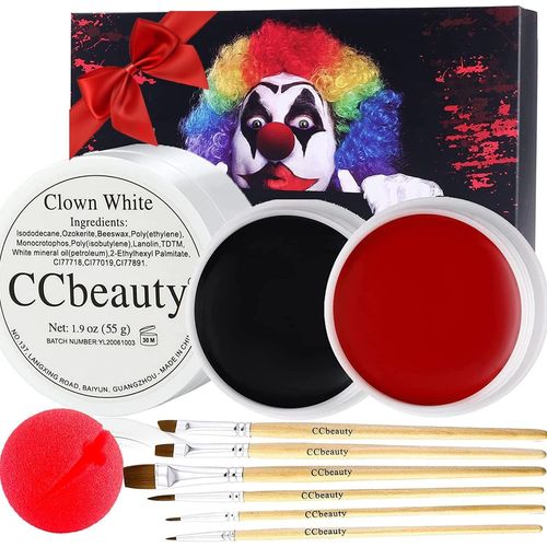 Kit De Maquillage Professionnel Pour Halloween - Effets Spéciaux Sfx Avec Peinture Blanche Noire Et Rouge - 6 Pinceaux - Nez Rouge Pour Joker Skeleton Vampire Zombie Cosplay Dress Up 