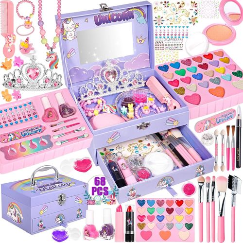Maquillage Enfant Jouet Filles, 68pcs Lavable Malette Maquillage Jouet, Coffret Maquillage Enfant Filles Makeup Set, Cadeau de Noël d¿Anniversaire pour Les Filles de 4 5 6 7 8 9 10+ Ans