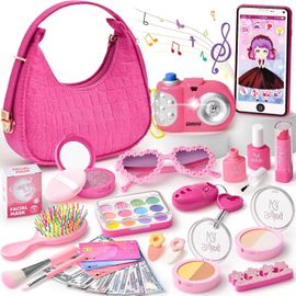 Coffret Cadeau Sac À Main Fille Avec Sac Rose, Set De Maquillage Pour Enfants, Téléphone Factice, Argent De Jeu, Lunettes De Soleil, Cadeaux D'anniversaire Pour Filles De 3 4 5 6 Ans