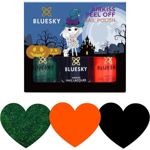 Kids Nail Varnish Set - Collection Halloween Black, vert, orange, pelage facile, à base d'eau, vernis à ongles sans odour pour les enfants, coffret cadeau, 3 x 5 ml avec autocollants