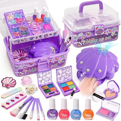 Kit Manucure Maquillage Enfant Fille Avec Séchoir À Ongles Vernis À Ongles Maquillage Lavable Autocollant Ongles, Coffret Maquillage Nail Art Cadeau Enfant Jouet Fille 4 5 6 7 8 Ans (Violet) 