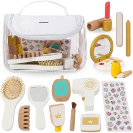 Kit Maquillage Enfant en Bois, 15 Pièces avec Trousse - Accessoires Jouet Cosmétique pour Filles 3+ Ans - Sèche-Cheveux, Miroir, Parfum - Jeu de Rôle