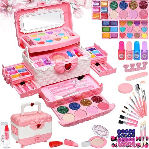 Jouets de Maquillage pour Enfants - Maquillage sûr et Lavable pour Enfants, Maquillage Enfant Fille, Vrai kit de malette Maquillage Enfant, Cadeaux d'anniversaire pour Filles de 4, 5, 6-12 Ans(Pink)