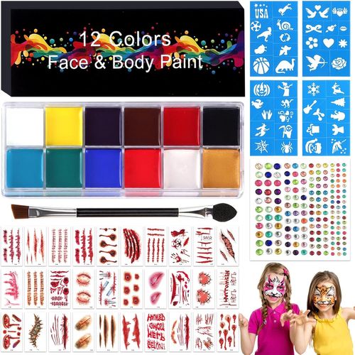 Peinture Visage Enfant, Palette De Maquillage Pour Enfants, Visage Corps Peinture, Maquillage Halloween Carnaval Avec Autocollants, Pochoirs, Pinceaux, Halloween Visage 