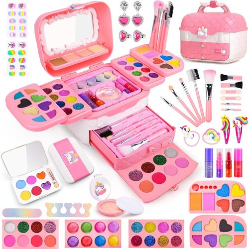 Maquillage Enfant Jouet Filles 4 5 6 7 8 9 10+ Ans,80 Pcs Lavable Malette Maquillage Jouet pour Enfant, Valise Beauté pour Enfant,Cadeau de Noël Anniversaire Jouet pour Princesse Fille 4-12 Ans