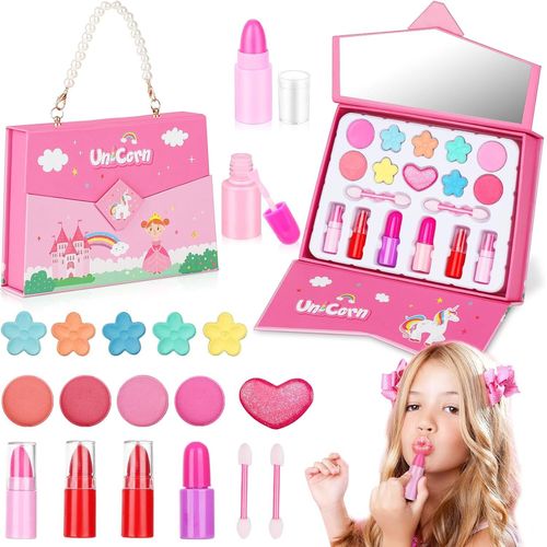 Maquillage Enfant Jouet Filles, 2 en 1 Malette Maquillage Enfant avec Miroir Jouets de Maquillage Lavables Non Toxiques Cadeau de Noël d¿Anniversaire pour Les Filles de 3 4 5 6 7 8 9 10+ Ans
