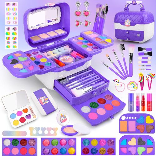 Maquillage Enfant Jouet Filles 4 5 6 7 8 9 10+ Ans,80 Pcs Lavable Malette Maquillage Jouet pour Enfant, Valise Beauté pour Enfant,Cadeau de Noël Anniversaire Jouet pour Princesse Fille 4-12 Ans.