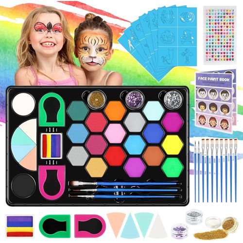 Maquillage Enfant Carnaval, 48pcs Peinture Visage Avec Tatouage Paillette Pochoir Maquillage Enfant, Palette Maquillage Enfant Bio Peinture Corporelle Halloween Carnaval 
