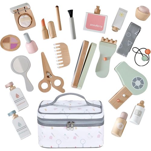 Maquillage Enfant Fille en Bois, Faux Jeux de Maquillage et Coiffure et Beauté, Accessoires Malette Coffret Maquillage Enfant, Jouet Imitation Bois, Cadeau Fille 3 4 5 6 7 8 Ans