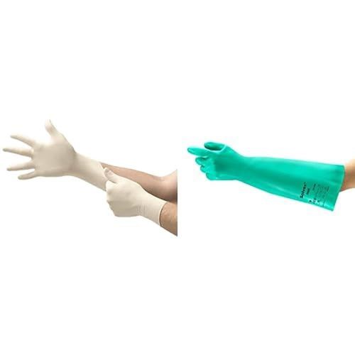 Shiba-Microflex 63-864 Gants Jetables, Doigts Renforcés, Blanc, Taille L (100 Gants) + Alphatec 37-185 Gants Protection Chimique E[5