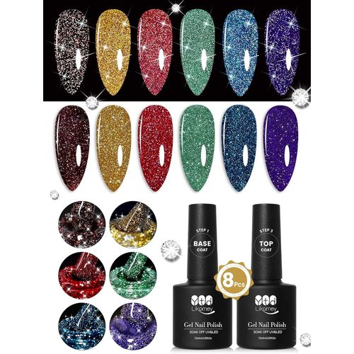 Shiba-Vernis Semi Permanent Pailleté Reflechissante,Réfléchissant Brillant 6 Couleurs Avec Base Et Top Coat Uv Vernis À Ongles Pai[3 