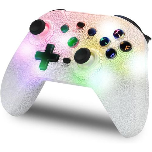 Manette Switch Sans Fil - Led Rvb Réglable, Switch/Pc/Android/Ios, Fonction Turbo, Réglages Macro, Bluetooth, 6 Axes, 4 Modes De Vibration - Couleur Blanche (Support Smartphone)