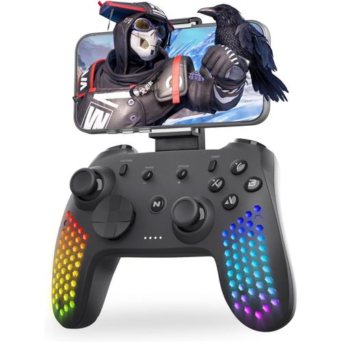 Hall Effect Manette Sans Fil Pour Pc/Switch/Android/Ios, Joystick Au Design Hexagonal Avec Vibrations, Gyroscope À 6 Axes, Effets Led Rvb, Contrôleur Avec Pince De Support De Téléphone Réglable