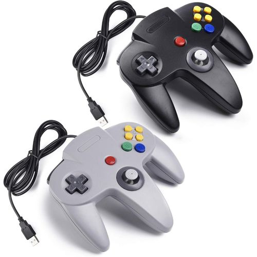 2x Manette De Jeu 64 N64 Usb Classique Gamepad Joystick Pour Windows Pc Mac (Noir/Gris 2 Pack)