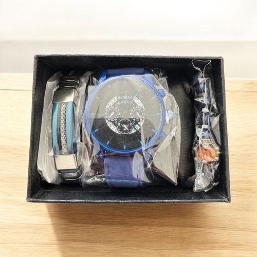 Coffret Montre Quartz + Bracelet Perle + Bracelet Métal - Couleur Bleu