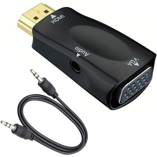 HDMI vers VGA Convertisseur Adaptateur avec câble Jack Audio 3,5 mm, connecteur plaqué Or HDMI mâle vers VGA Femelle vidéo HD 1080P pour Ordinateur Portable, PC, Moniteur, etc.