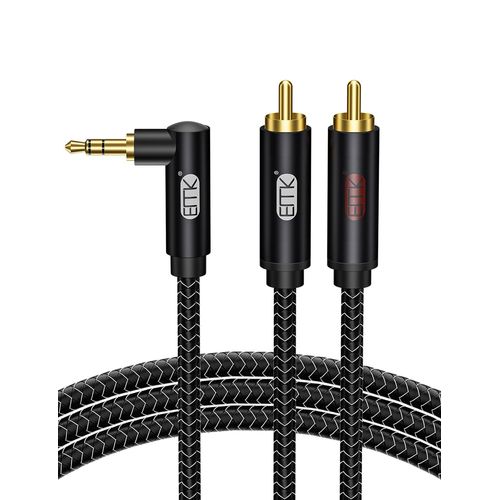 Câble RCA Angle Droit Jack 3,5 mm à 2rca Câbles Audio Aux 90 degrés Y répartiteur RCA (R&L) Nylon tressé Jack 3,5mm AUX pour Smartphone, Haut - parleur, Soundbar, TV, Voiture (1 mètre)
