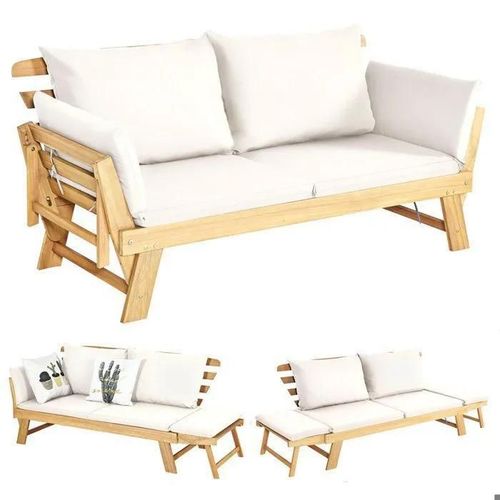 Costway 3 En 1 Canapé Lit De Jardin Convertible Fsc En Bois D¿Acacia, Accoudoir Réglable, Coussins Amovibles, Charge 320 Kg, Blanc