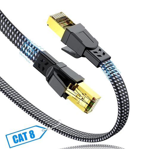 Câble Ethernet Cat 8 7,5 M En Nylon Tressé Haute Vitesse Pour Réseau Lan Cat8 40 Gbit/S 2000 Mhz Sftp Rj45 Câble Plat Blindé Au Mur, Intérieur Et Extérieur Pour Modem/Routeur/Jeu/P[Video3030]