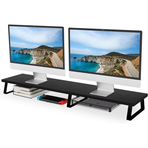 Support D'écran Large Avec Tiroir - Design Moderne Noir Pour Ordinateur, Pc, Tv - Organisation De Bureau Optimale