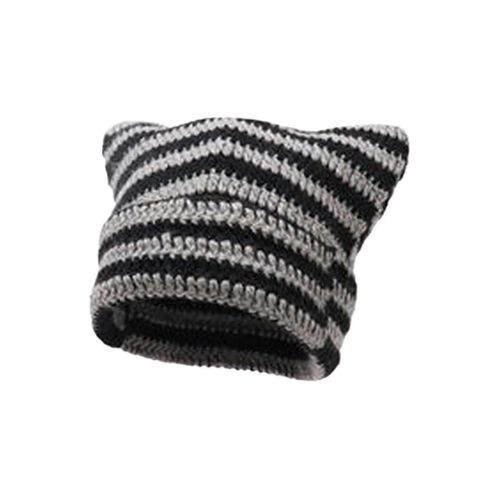 Femmes Bonnet Chapeau Petit Diable Rayé Tricoté Bonnet De Laine Hiver Oreilles De Chat Chapeau-Mxbc