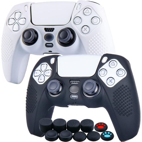 Shiba-Points Housse Coques Autocollants En Silicone Skin Cover Pour Ps5 Dualsense Manette (Noir + Blanc) X 2 Avec Prises De Pouce [1