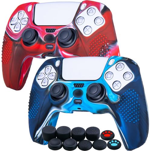 Shiba-Points Housse Coques Autocollants En Silicone Skin Cover Pour Ps5 Dualsense Manette (Camouflage Rouge + Bleu) X 2 Avec Prise[1