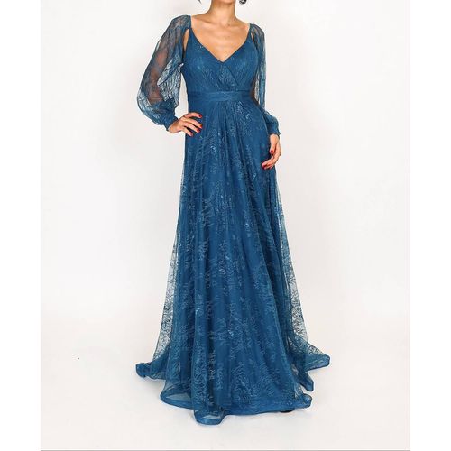 Robe Cérémonie Mariage Bleu Petrole En Dentelle Manche Longue Taille 36