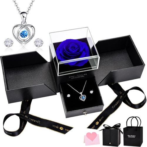 Shiba-Rose Éternelle, Bleu Roses Préservée Avec Collier Coeur Et Boucles D'oreilles, Main Coffret Cadeau Bijoux Saint Valentin Fêt[7