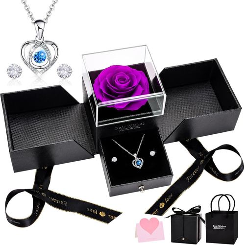 Shiba-Rose Éternelle, Violet Roses Préservée Avec Collier Coeur Et Boucles D'oreilles, Main Coffret Cadeau Bijoux Saint Valentin F[6