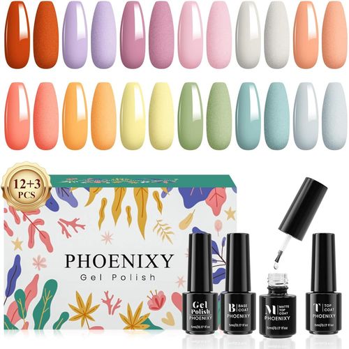 Shiba-Phoenixy 15pcs Vernis Semi Permanent 12 Couleurs Vernis Gel U V Semi Permanent Avec Base Et Top Coat Couleurs Vives Jaune Or[9 