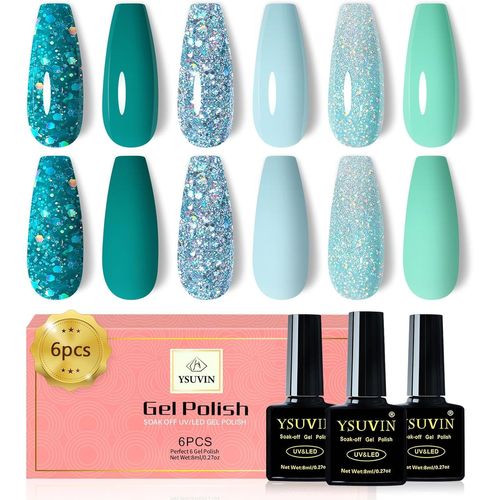 Shiba-Vernis Semi Permanent, 6 Couleurs Vert Émeraude Turquoise Cyan Bleu Vert Océan Crystal Pailleté Vernis À Ongles Soak Off Uv/[1 