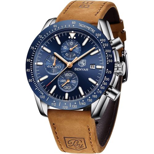 Ytseazn-Benyar Montre Homme Etanche Analogique Quartz Chronographe Lumineuses Date Grand Cadran Classique Mode Affaires Montres Bracelet En Acier Inoxydable/Cuir Cadeau Élégant Pour Hommes