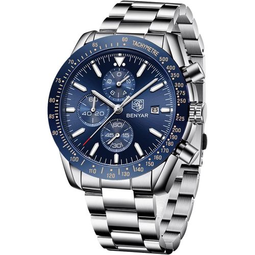Ytseazn-Benyar Montre Homme Chronographe Analogique Quartz Etanche Lumineuses Date Grand Cadran Classique Mode Affaires Montres Bracelet En Cuir/Acier Inoxydable Cadeau Élégant Pour Hommes