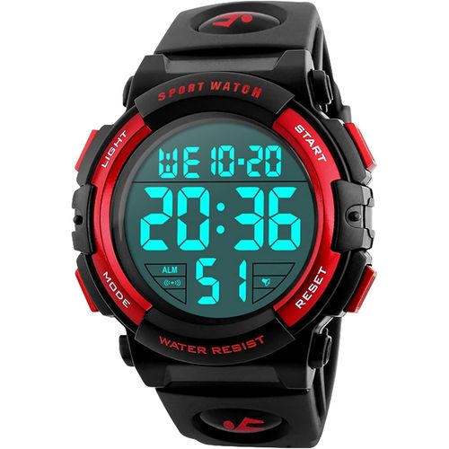 Ytseazn-Montre Homme Digitale Sport Militaire,50m Multifonction Étanche Led Lumière Alarme Calendrier Alarme Calendrier Chronomètre 12/24h Rouge