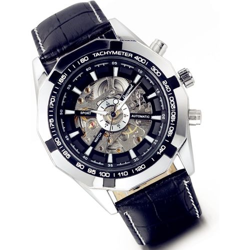 Ytseazn-Montre Mécanique Automatique Pour Homme Avec Bracelet En Cuir Noir Et Argent,Bracelet