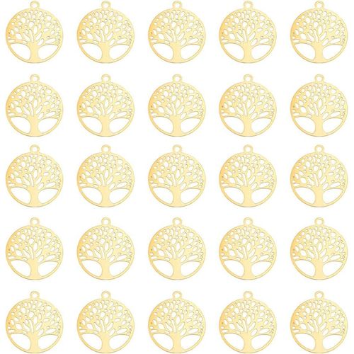Ytseazn-60 Pcs Doré Arbre De Vie Charme Creux Plat Rond Filigrane Pendentif Gravé Métal Embellissement Laiton Dangle Pour La Fabrication De Bijoux,Trou: 1.2mm