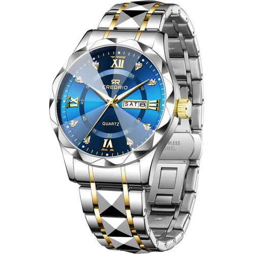 Ytseazn-Montre Pour Homme Diamond Business Dress Analogique À Quartz En Acier Inoxydable Étanche Date Lumineuse Deux Tons Montre De Luxe Décontractée
