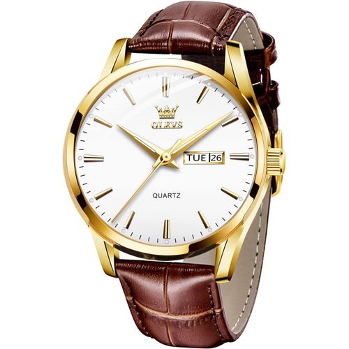Ytseazn-Hommes Montre En Cuir Brun Boîtier En Or Analogique Quartz Mode Casual Business Dress Montre-Bracelet Date Night Light Imperméable