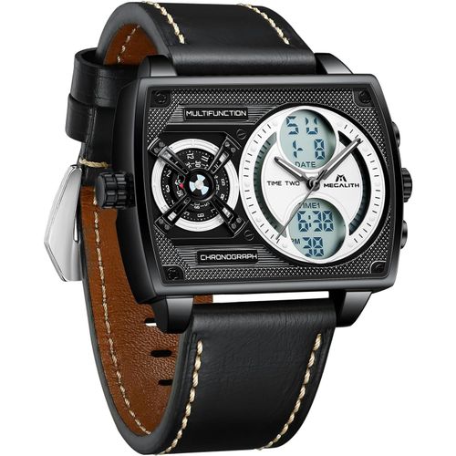 Ytseazn-Megalith Montre Homme Grand Cadran Carré Design Zone Multi-Temporelle Digitale Etanche Analogique Quartz Montre Bracelet Homme Mode